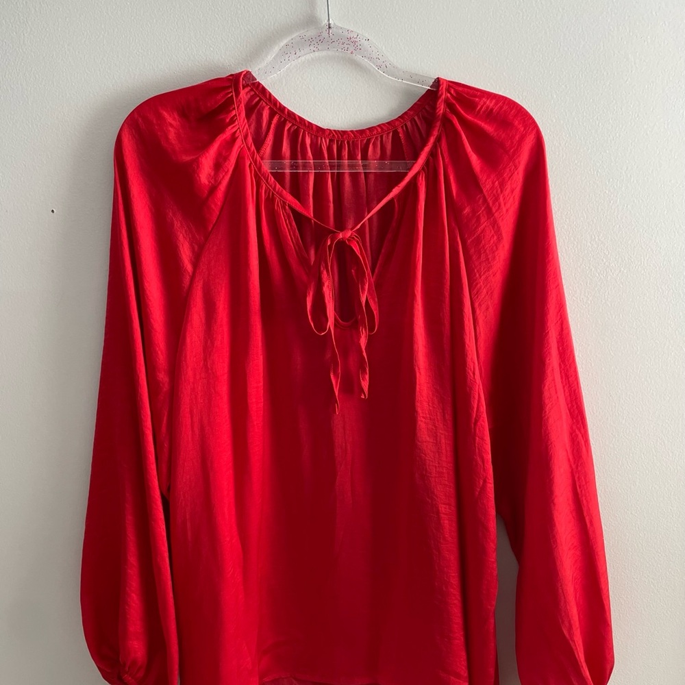 Red V-neck Blouse with 3/4 Sleeves and Tie Front